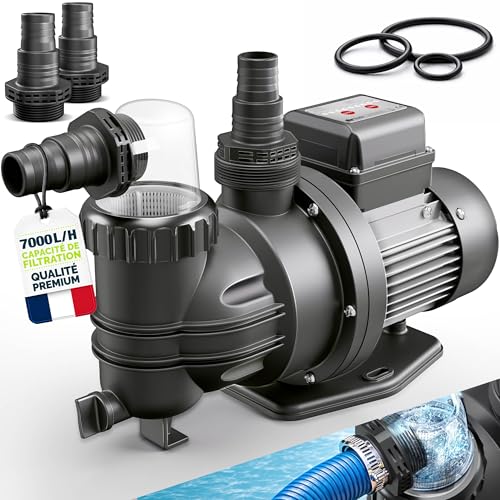tillvex® Pompe de filtration piscine avec minuterie 7 000 L/h & 250 W | Hauteur de refoulement max. 7,5 m | Pompe de circulation pour piscines 22 m³ | Auto-amorçante...