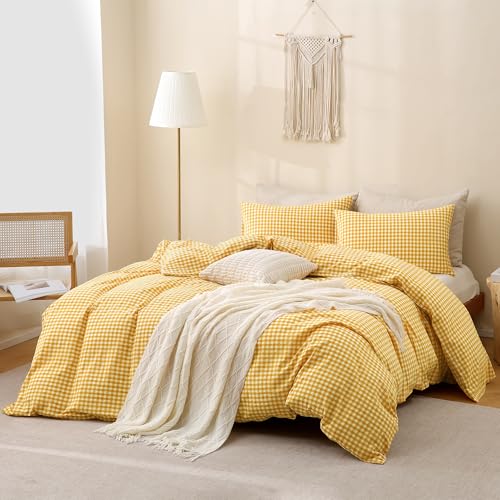 Image of TOCOMOA Yellow Gingham Duvet Cover Bedding Set 100% Washed Cotton Like Linen Feel Super Soft Comfortable 3 Piece Vintage Plaid Checkered Comforter Cover Set (Queen 90 inchx90 inch, Comforter Not Included)