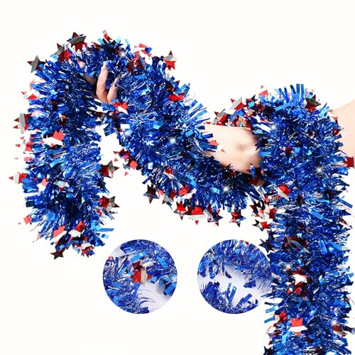 Image of 4th of July Patriotic Tinsel Garland Decoration 33FT, Red White and Blue Tinsel Garland with Shiny Star Metallic Garlands,Independence Day Memorial Day Decor for Home Indoor Outdoor
