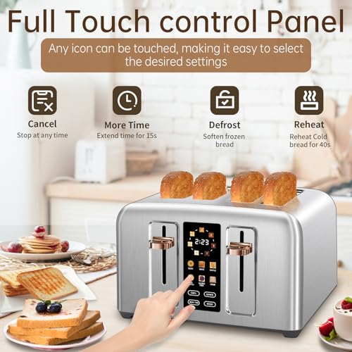 Image of SEEDEEM Toaster 4 Slice, Stainless Toaster & Touch Control, LCD Display, 6 Bread Type, 7 Shade Settings, 1.5'' Wide Slots, Cancel /Defrost /Reheat, Removable Crumb Tray, 1800W, Silver Metallic