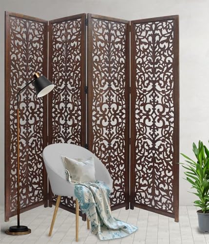 Image of Classic Wood and Craft Wooden Room Divider Partition for Living Room, Privacy Partition, Partition Wall, Divider for Makeup Studio /Office (4 Panels - Withoout Legs, Full Intricate Frame)