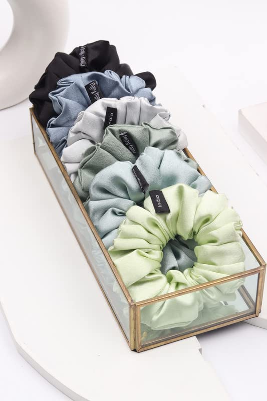 Image of Premium Satin Scrunchies for Women | Hair Bands, Ponytail Holders & Rubber Bands | Large, Fluffy, No-Damage Hair Ties | Girls Hair Accessories | Large Size | Pack of 6