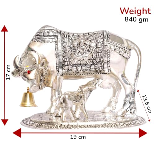 Image of KridayKraft Kamdhenu Cow with Calf Metal Statue for Good Luck, Feng Shui As Table Top Figurine, Vastu, Religious Gau Mata Idol Home, Office and Table Decorative (Silver, Standard)