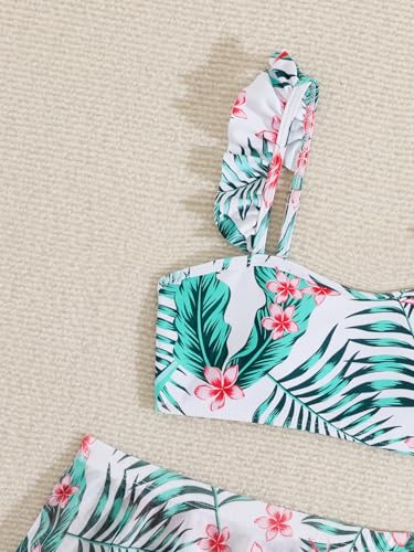 Image of Girl's 3 Piece Bikini Set Tropical Print Bathing Suit High Waist Swimwear with Skirts Cover Ups Green 160