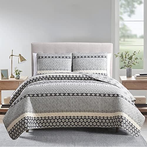 DREAMCLOUD HOME Quilt Set Full Queen Size 3 Piece, Nadia Striped Printed Bedding Coverlet Set, Lightweight Soft Reversible Bedspread Sets for All Season (1 Quilt & 2 Pillow Shams)