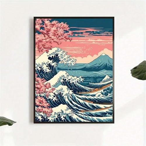 Affiche art japonais vagues et fleurs cerisier pour mur sans cadre
