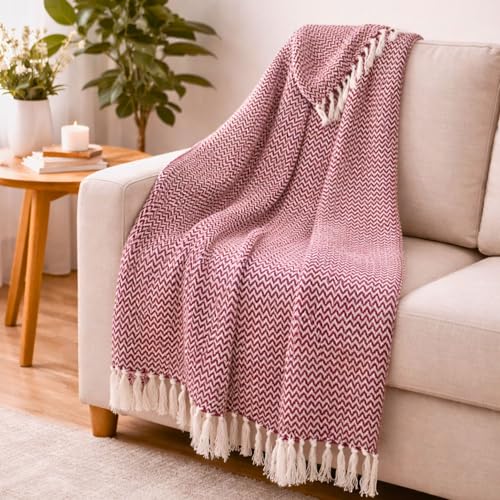 Image of Chevron 60X50 Inch Reversible Cotton Throw Blanket With Tassels| Blanket For Living Room, Sofa, Bed, Chair, Picnic & Used For Gift | Maroon Narrow Chevron, Size 150X125 Cm, 300 tc