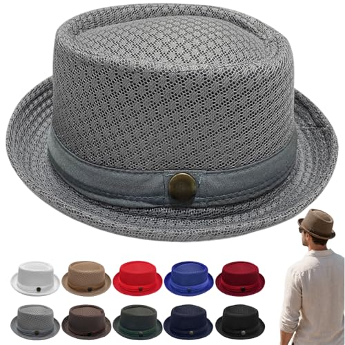 Summer Breathable Mesh Pork Pie Hat Lightweight Fedora Bowler Hat Classic Straw Sun Hat for Men Vacation Cruise Party (Grey)