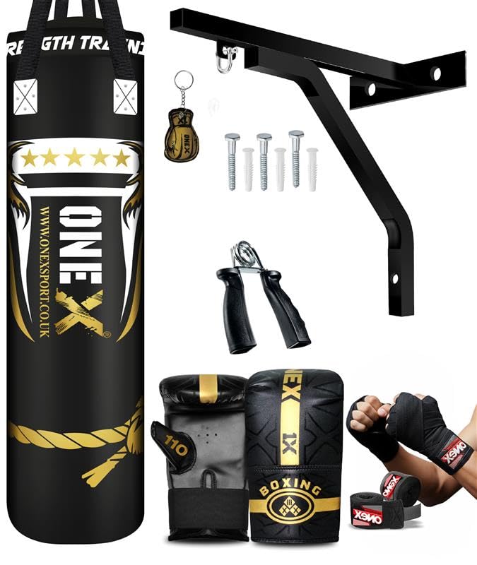 ONEX Heavy Filled Boxing Punch Bag Set Gloves Bracket MMA Pad Punching Kick Bag 13Pcs 3ft – 4ft - 5ft With Straps (Black, 4f)