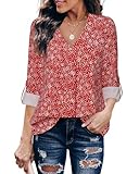 Youtalia Chiffon Blouses for Women: 3/4 Sleeve Floral Shirts Spotted Red M - V Neck Printed Blouses for Bookstore Cafe - Elegant Blouse for Fashionista Influencer
