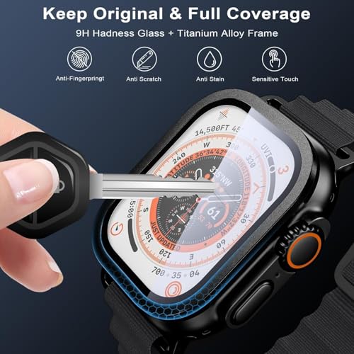 Image of Screen Protector for Apple Watch Ultra 3 / Ultra 2 / Ultra 1 (49mm), 9H Tempered Glass with Titanium Alloy Frame, Touch Sensitive, Lightweight Full Protection, 2 Pack[Black]