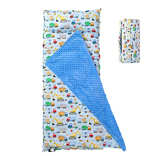 Toddler Nap Mat with Removable Pillow and Minky Blanket,Soft Rolled Napping Mats for Boys and Girls,Lightweight Daycare,Preschool,Travel Toddler Sleeping Slumber Bag-50”×20”(Truck and Digger)