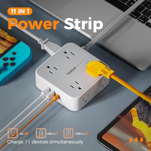 Image of TESSAN Surge Protector Power Strip, 10 Ft Flat Plug Extension Cord with 3 USB (1 USB C) 8 Outlets, 1250W, 900J Protection, 3 Sided Outlet Extender with Ring Plug for Office, Dorm Room, Grey