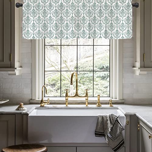 Amzali Valance Curtain Kitchen Farmhouse Window Treatment For Living Room Bedroom Bathroom Decor Floral Damask Medallion Pattern Rod Pocket Valance, One Panel, 55X18, Green And White #TOP28