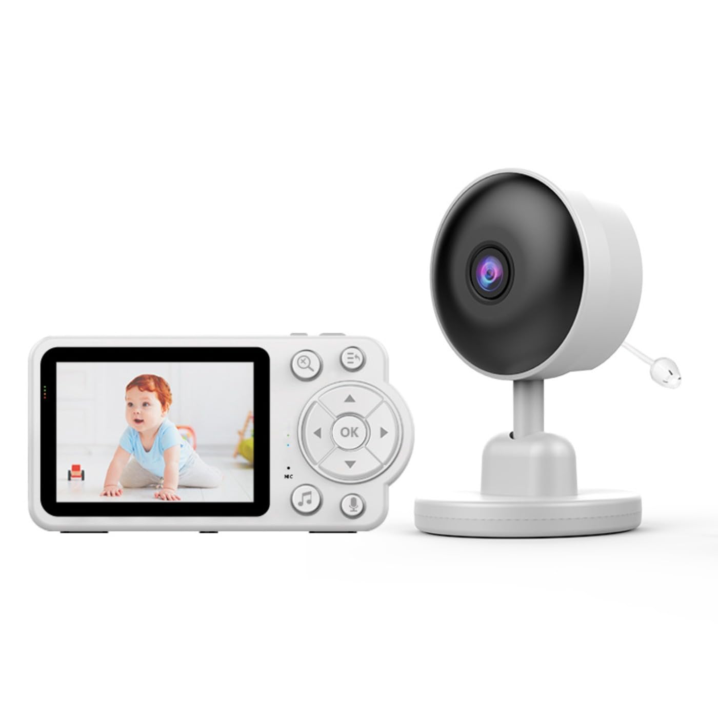 Baby monitor con fotocamera e audio, video HD 480p, zoom 4x, visione notturna e sensore di temperatura, wireless 2.4 G con ninne nanne, conversazione bidirezionale, bianco