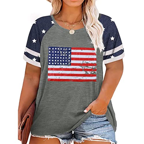 Fayaleq Plus Size American Flag T Shirt For Women 4Th Of July Short Sleeve Stars Stripes Graphic Patriotic Top Tees (4Xl, Gary) #TOP18