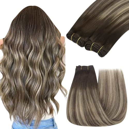 Image of YoungSee Brown Human Hair Extensions Sew in Chocolate Brown with Ash Blonde Balayage Weft Extensions One Piece Sew in Hair Extensions Human Hair for Natural Look 22 Inch 100g