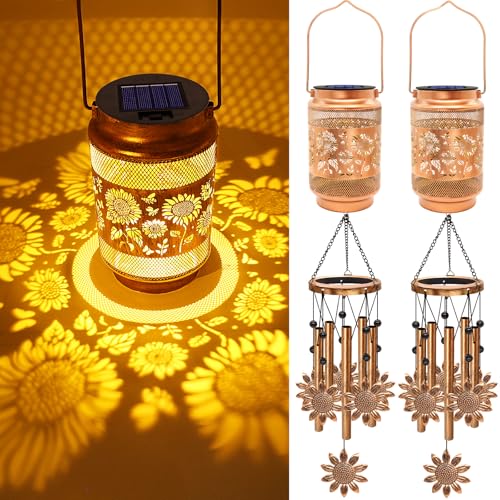 Image of 2 Pack Sunflower Solar Wind Chimes for Outside, Gifts for Mom Women Grandma Birthday Memorial Teacher, 32 inch Windchimes Outdoor Decor Hanging Solar Lantern for Garden Porch Patio Backyard