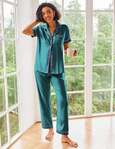 Image of Ekouaer Silk Satin Pajamas Set Women Short Sleeve Sleepwear Soft Button Down Loungewear Pjs Set Green Pink