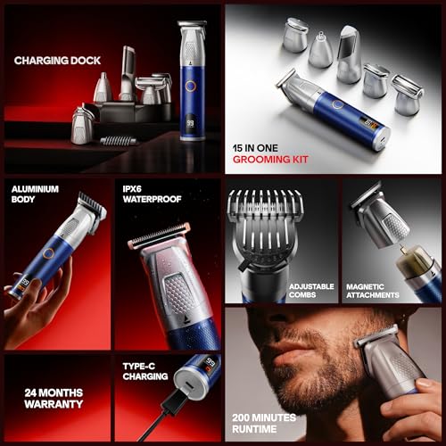 Image of boAt Slazer K100 Pro 15-in-1 Full Body Grooming Kit for Men, Fast-Charging Trimmer, IPX6, 200-Min Runtime, 6 Magnetic Blades, Stainless Steel+Ceramic Blades, Travel Lock & Display (Marine Blue)