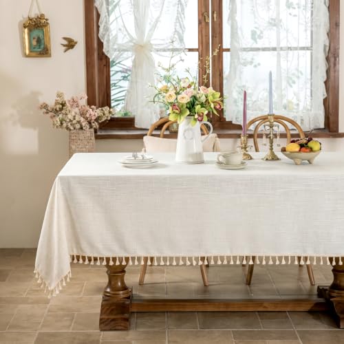 Image of Laolitou Off White Rectangle Tablecloth with Tassels 55x90 Inch