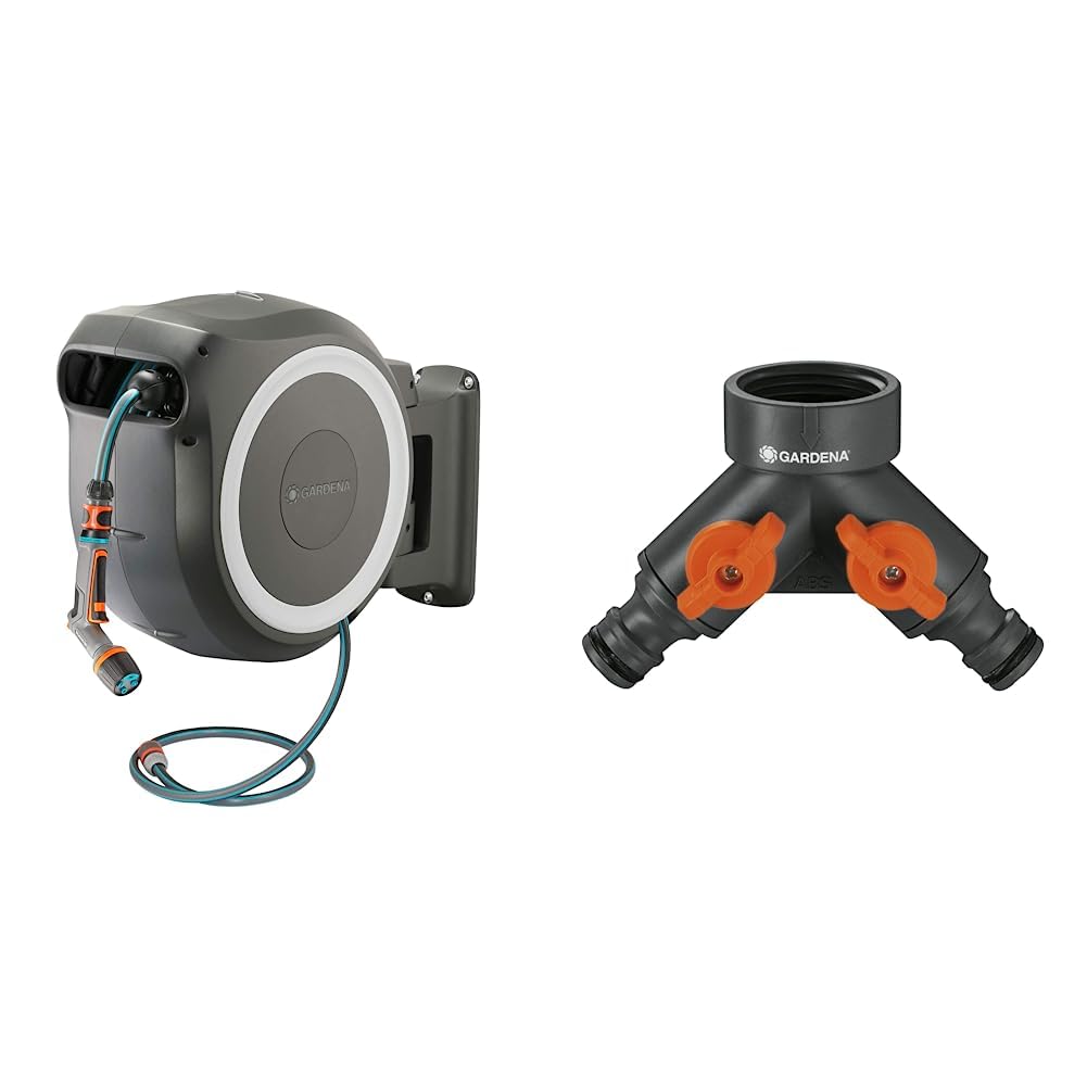 Gardena Enrouleur de tuyau Mural RollUp L (blanc)– Longueur 30– Garantie 5 ans– Dévidoir pivotant à 180°& Vanne à 2 voies: Distributeur d'eau pour robinet avec filetage de 26,5 mm (G 3/4 Pouce)