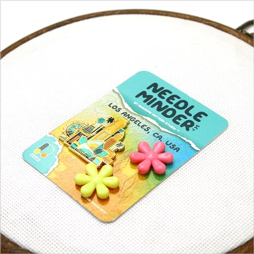 Image of Awesome Pattern Studio Needle Minder Set - Los Angeles Magnetic Needle Minder + 2 Needle Threaders. Enamel Pin for Cross Stitch, Embroidery and Craft