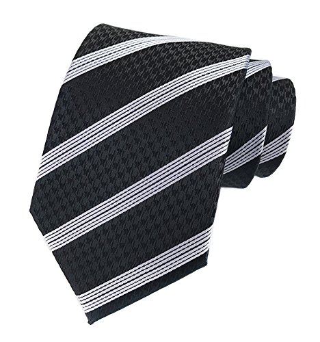 Elfeves Men Boys Black and White Striped Tie Houndstooth Pattern Regular Wedding Necktie