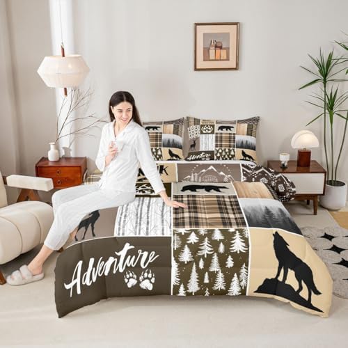 Manfei Rustic Farmhouse Kids Comforter Set Twin Size,Deer Antlers Bear Paws Plaids Patchwork Bedding for Boys Girls Adults Room Decor,Pine Trees Xmas Down Comforter,Brown Duvet Insert,1 Pillowcase - 4