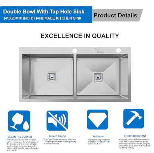 Image of Fossa 45 inchx20 inchx10 inch Inch 5-Year Warranty Premium Stainless Steel Double Bowl Kitchen Sink with Tap Hole, Drain Basket, Soap Dispenser & Drain | Home Kitchen Silver (Matte Finish)