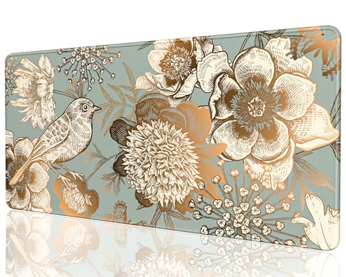 Desk Mat, 32" x 16" XXL Extended Large Gaming Mouse Pad, Desktop Decor Desk Pad, Cute Men Women Office Supplies and Accessories, XL Mouse Mat for Laptop & Keyboard, Retro Flower and Bird
