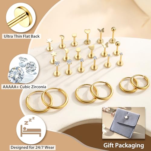 image for LOYALLOOK Threadless Flat Back Earrings 316L Surgical Steel Gold Carti