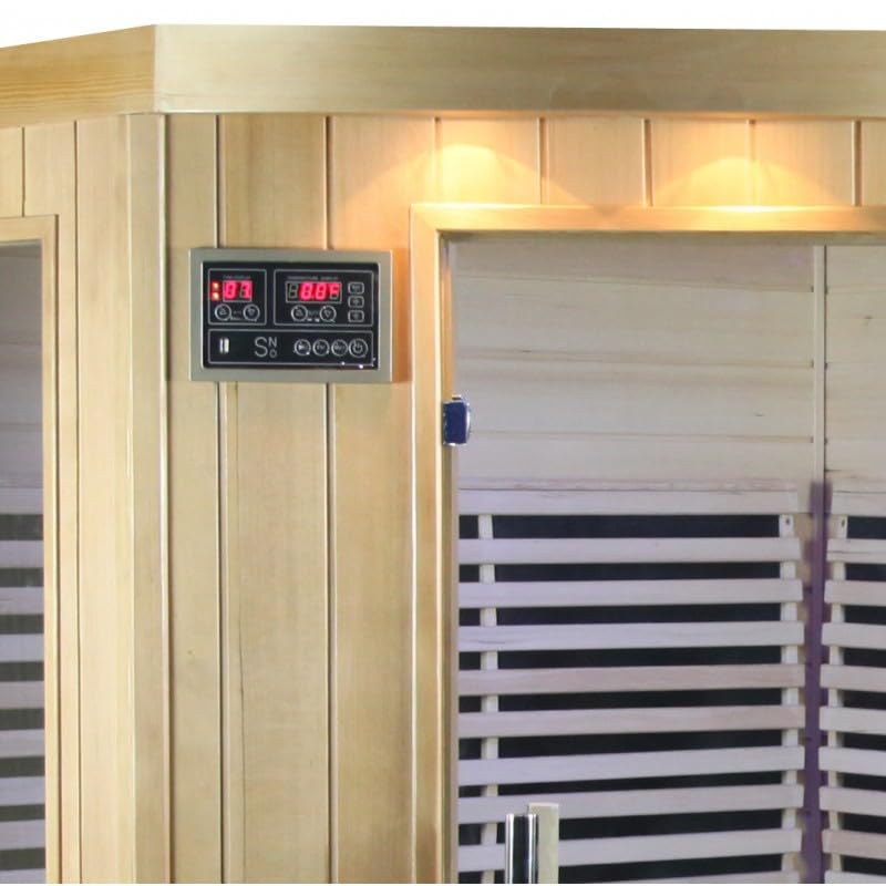 SNÖ Sauna Infrarouge d'angle 4 Places 2200W | Bois Hemlock Canadien, Panneaux Carbone, Chromothérapie, Bluetooth | 9 Émetteurs, Porte et Fenêtres en Verre Sécurisé, Ionisateur d'Oxygène