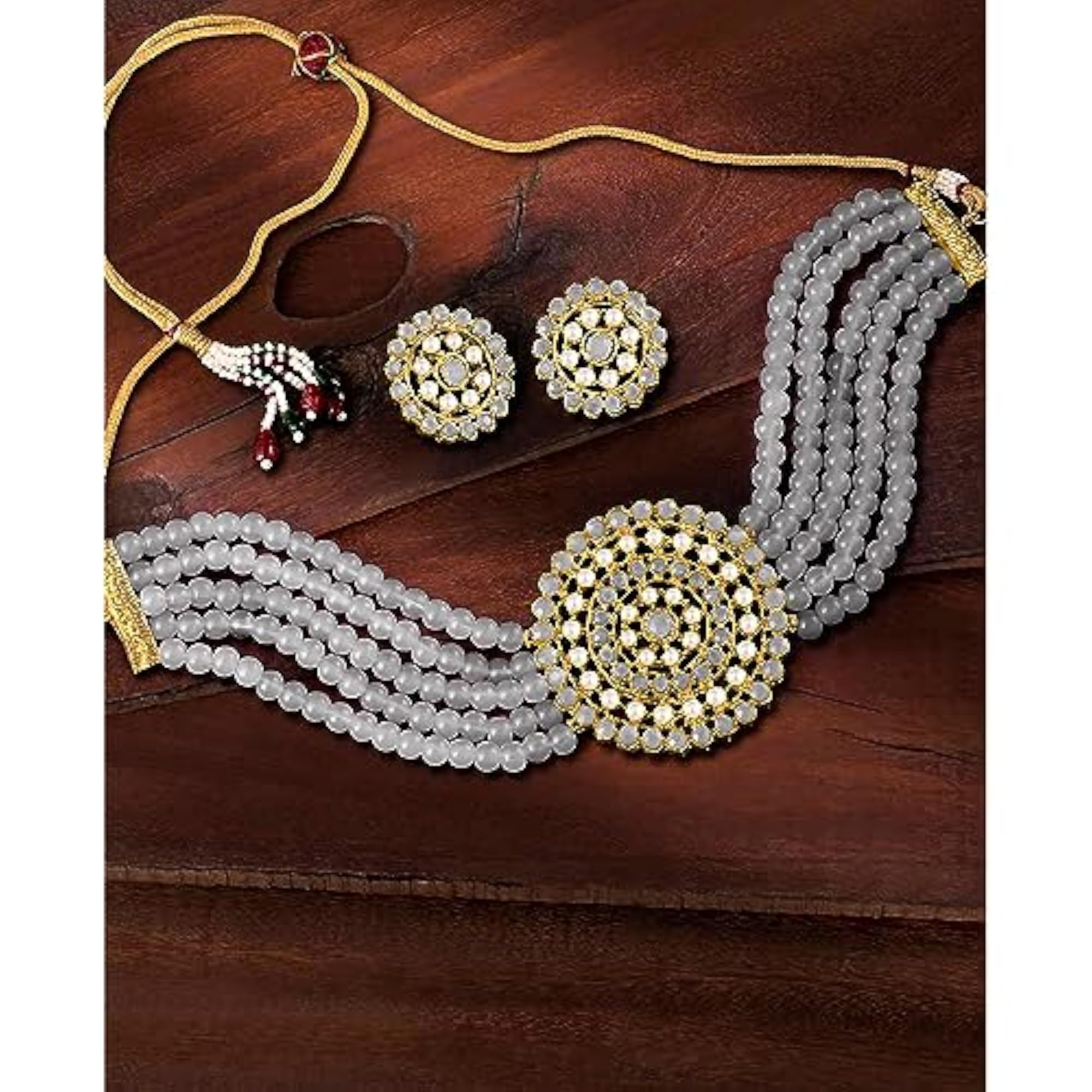 Gold Plated Pearl Diamond Kundan Choker Necklace with Round Earrings