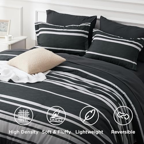 Image of Bedsure Twin Comforter Set 5 Pieces, Black Striped Bedding Set for All Seasons, Reversible, Cationic Dyeing Bed in a Bag with Comforter, Sheets, Pillowcase & Sham