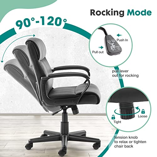 Image of OLIXIS Executive Padded Mid-Back Home Office Desk Chair with Armrest, Adjustable Height Computer Chairs, 360-Degree Swivel, Leather, 250Lbs Capacity