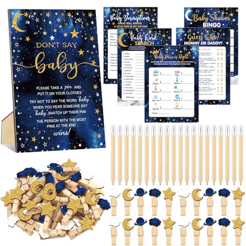 Patelai 321 Pcs Baby Shower Games Supplies, 5 Sets (50 Cards Each) Activities Cards with 20 Pencils 1 Don't Say Baby Sign 50 Clothespin(Twinkle Little Star)