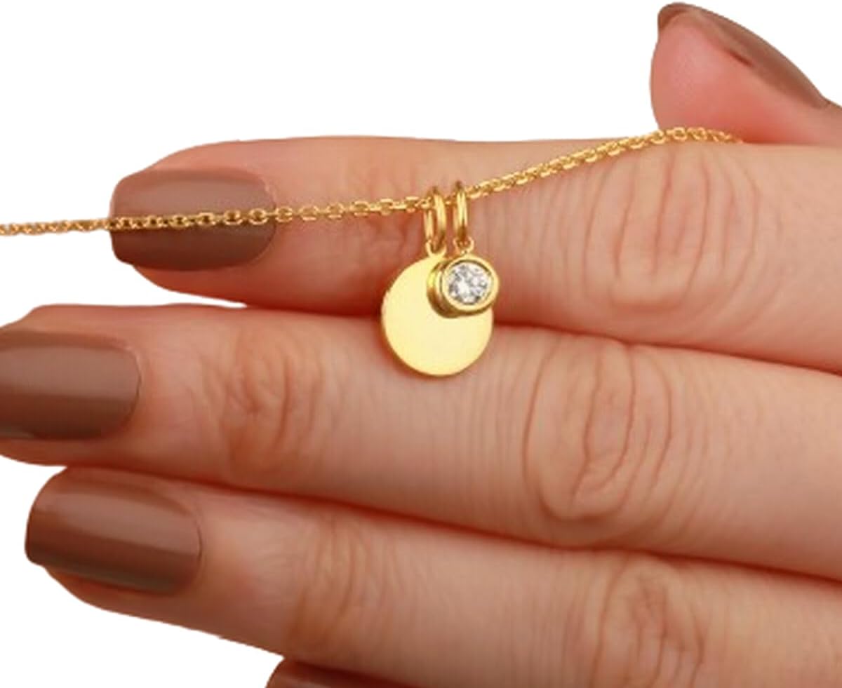 Personalized Gold Birthstone Necklace - Custom Engrave Disc Pendant with Dangling Birthstones - Ideal Gift for Mothers & Newborns