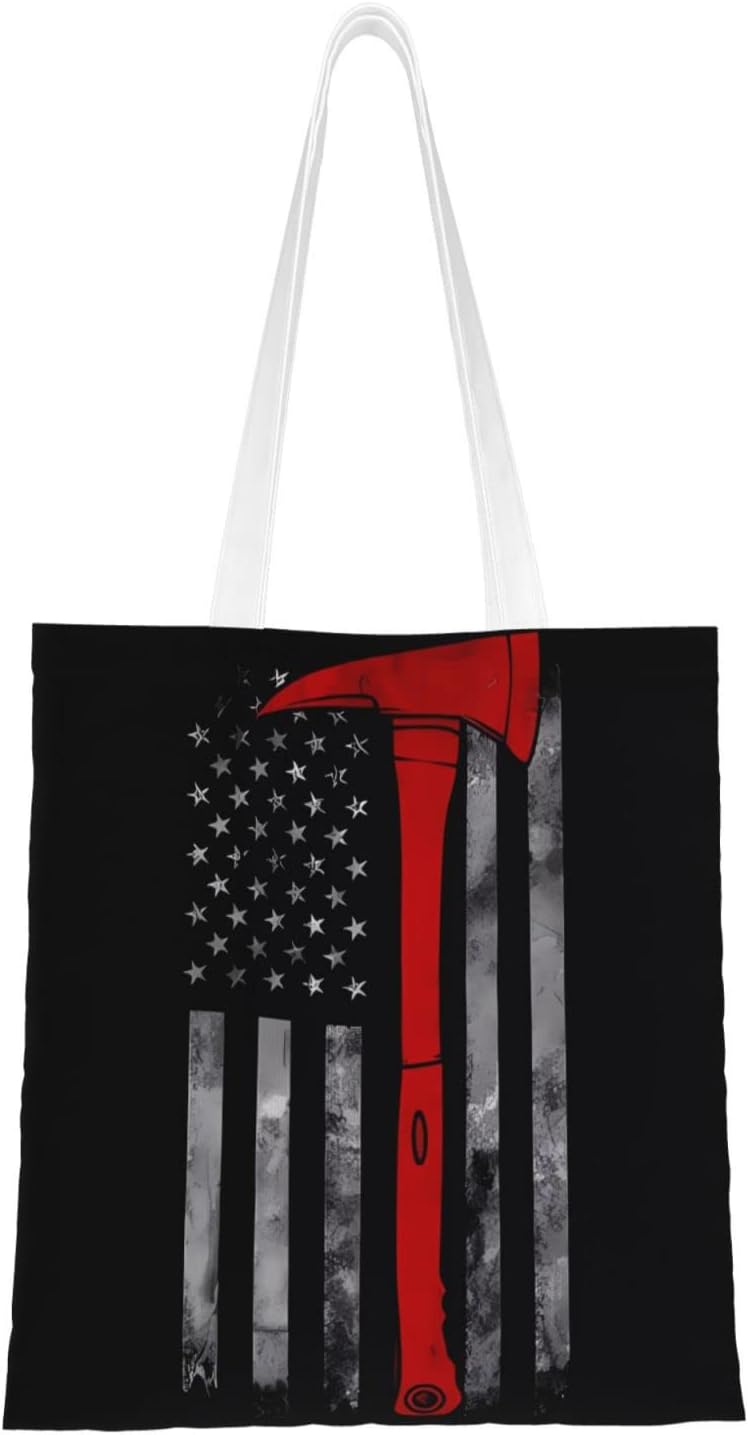 [RFSHOP] 消防士の斧レッドラインフラッグプリントキャンバストートバッグ、軽量で柔らかい、日常使用に最適、16インチ x 15インチ、ブラック、フリーサイズ、カラー、フリーサイズ