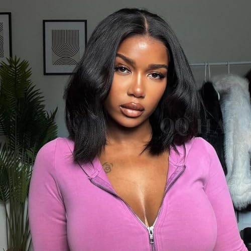 OQ HAIR Layer Cut Bob Wig Human Hair Pre-Bleached Glueless Wig Ready to Wear 180% Density Face-Framing Yaki Straight 9X6 HD Lace Closure Wigs Human Hair 12 Inch