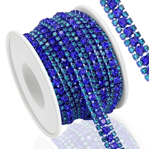 Towenm 3 Yards 3 Rows Rhinestone Trim, Crystal Rhinestone Chain for Crafts for Jewelry Making, Wedding Cake, Bouquet, DIY Crocs Cups, Cloth Sewing Bling Trim, Sapphire Blue-Colored