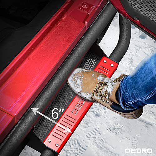 Oedro All Steel Running Boards Compatible With 2019-2023 Dodge Ram 1500 Crew Cab New Body, Bolt-On Side Steps With Paintable Step Plates, Powder Coated Black And High Gloss Red Nerf Bar #TOP5