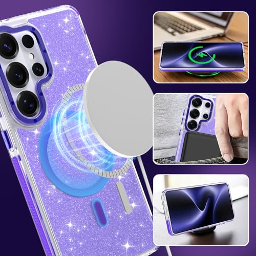 Image of Magnetic Case for Samsung Galaxy S26 Ultra [Compatible with Magsafe] [Bling Glitter Fluorescent Design] [1 Screen Protector] Slim Translucent Matte Case for Galaxy S26 Ultra 6.9 inch, Purple