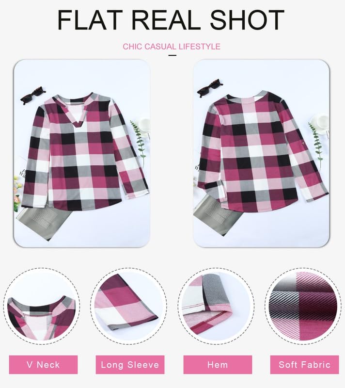Image of Dokotoo Womens Tops Plaid Cotton Cuffed 3 /4 Sleeve Shirts Blouses