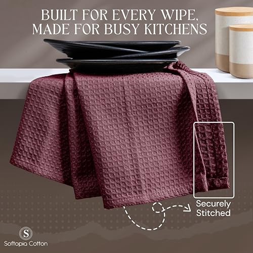 Image of Burgundy Kitchen Towels - Waffle Weave, 100% Cotton, Soft & Absorbent, Fast Dry, Durable, 16x26 Inches, Perfect for Dish Drying, Bar, Cleaning, Hand Wipe and Everyday Use, Set of 4