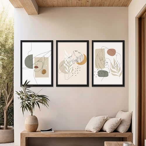 Image of NoWorries Minimalist line art wall Framed Painting Set of 3 | Abstract woman face Prints with Frame | Boho neutral wall decor modern gallery wall set | Scandinavian art prints feminine line drawing | Beige Aesthetic living room, bedroom and office decor contemporary wall art (Art-16, 10x13inch, Wooden)