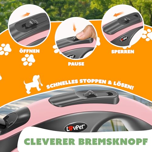 LOVPET® Hunde Rollleine 5m | Hundeleine für kleine & große Hunde 50kg | Ausziehbare Leine ergonomischer & Rutschfester Griff | Joggingleine 360° Leinenverlängerung | Laufleine Reflektierenden Maschen