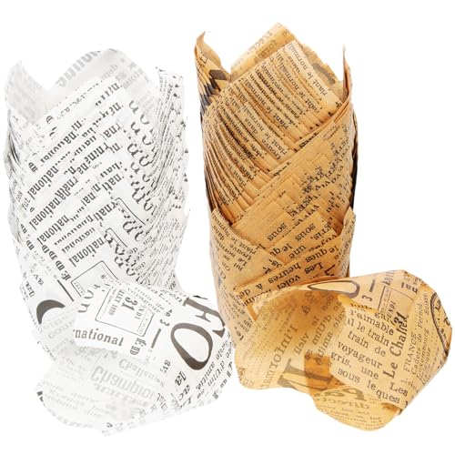 Cabilock 100 Capacillos para Cupcakes Forma de Tulipán Papel Resistente al Aceite 100 Piezas 50 Kraft 50 Blanco Desechables para Hornear Pasteles y Muffins Uso en Repostería y