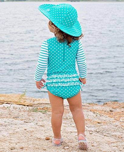 RuffleButts Baby/Toddler Girls Long Sleeve One Piece Swimsuit - Aqua Polka Dot with UPF 50+ Sun Protection - 18-24m