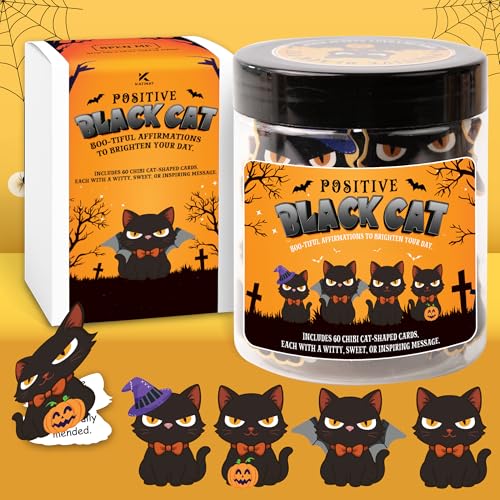 Halloween Black Cat Jar 60 Cat Affirmation Cards Halloween Gifts for Women & Teens Boo Basket Stuffers for Women Spooky Basket Stuffers
